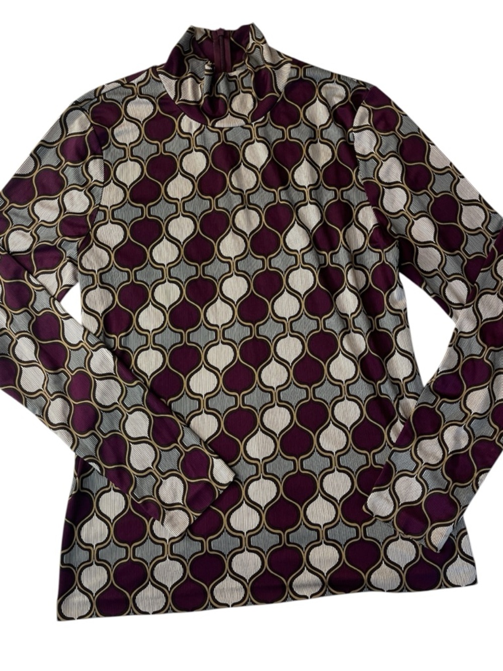 Tory Burch 100% Silk Moroccan Geometric Lightweight Long-Sleeve Artsy Mock Neck